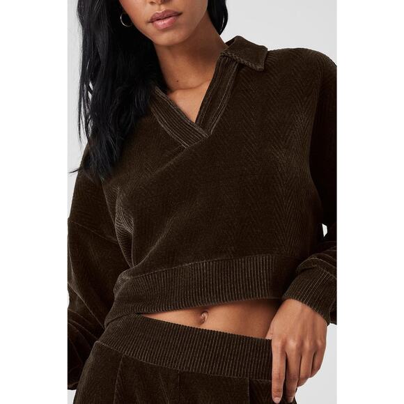 Alo Yoga Cropped Cozy Day Henley Pullover - M Espresso - Picture 1 of 4